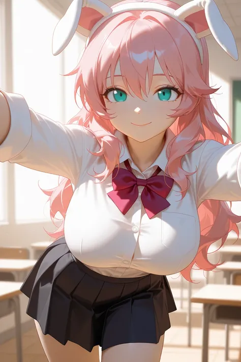 momoka , masterpiece, Highest Quality, 2D,  Line Art, one girl, sexy , adults , pale classroom background , uniform , skirt for ears , white shirts , Lie down in a sexy pose, upward gaze , pink eye , aqua eye , flushed cheeks , pink hair, long hair with slight curls , closed mouth , slightly larger breasts , thin thighs ,  Smile,  without makeup, Wide-open eyes, detailed eyes , detailed eyes ,  highlight your body line , standing , from before ,  Smile