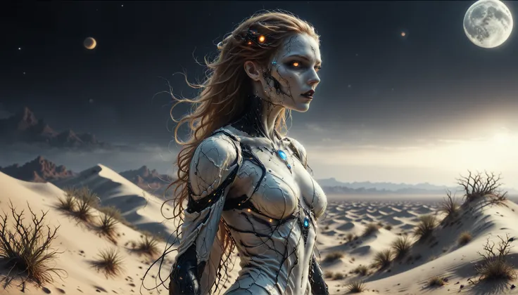 cybernetic corruption, seductive cybernatic vampire,Moonlit Desert: Vampire with sandy hair, copper ocular implants, wearing a mini white tunic,She stands atop a dune under two moons, windswept and utterly alone.