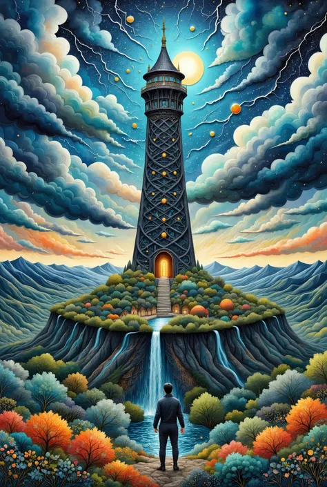 oil painting art , disaster々Shiny black tower , and its silhouette emerges in response to lightning, Deep Valley , dark clouds spring up into the sky , lightning falls many times from dark clouds , Daikon stands on a cliff , Rear View, Look up at the...
