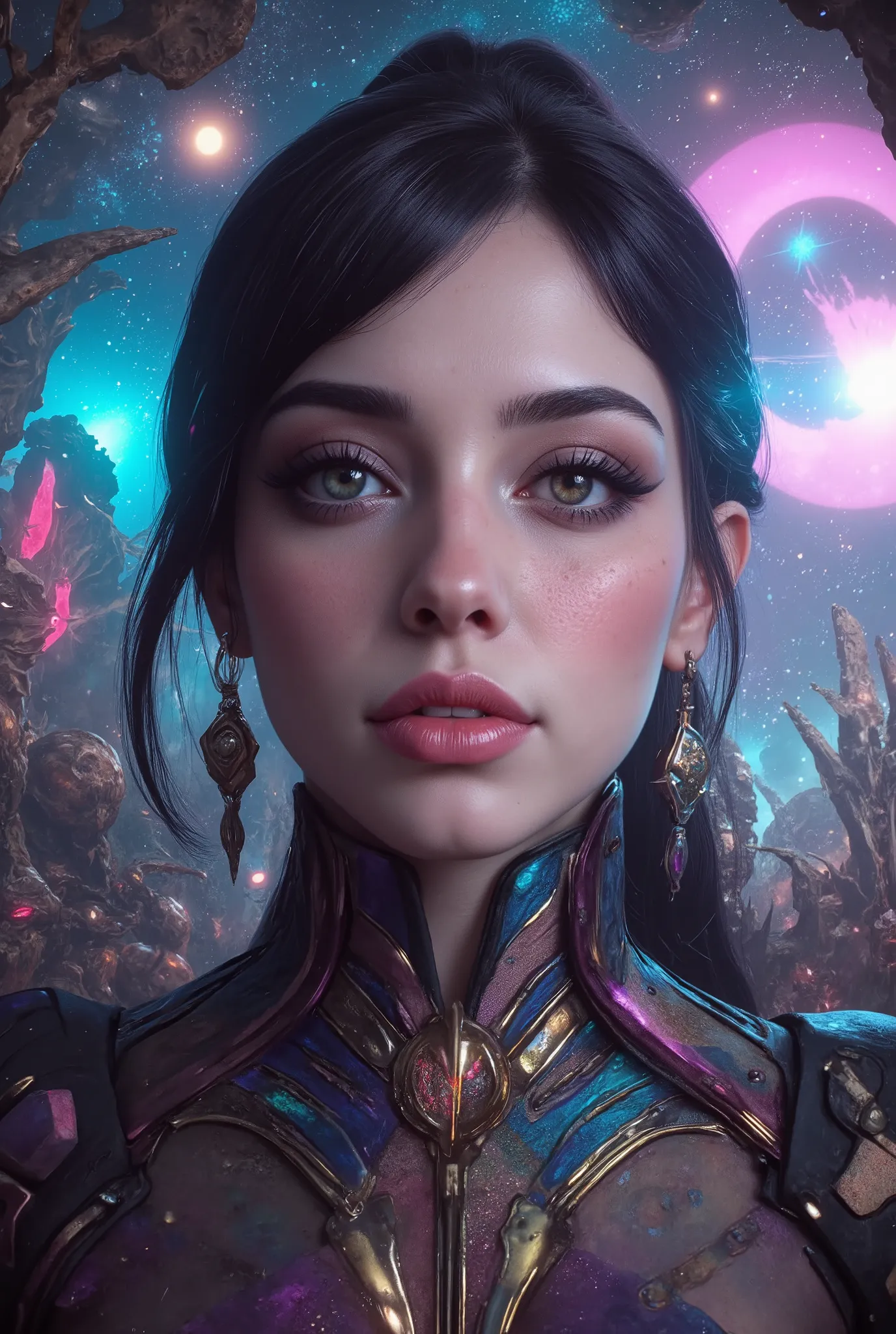 HD detailed, universe服を着た女性のクローズアップ, planets in the background , サイケデリックuniverseホラー, psychedelic illustrations, universe, Plant growth, 精神異常のuniverse, 背景universeグラフィックアート, universeのイラスト, universe, universeLSDポスターアート, After DMT Space , universeシーン, surrea...