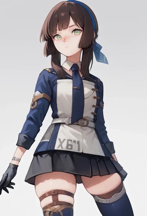 mogadorKC, green eyes,thighhighs, black gloves,long sleeves,pleated skirt, necktie, miniskirt, black skirt, thigh strap, freckles, asymmetrical legwear,blue hairband,white belt,