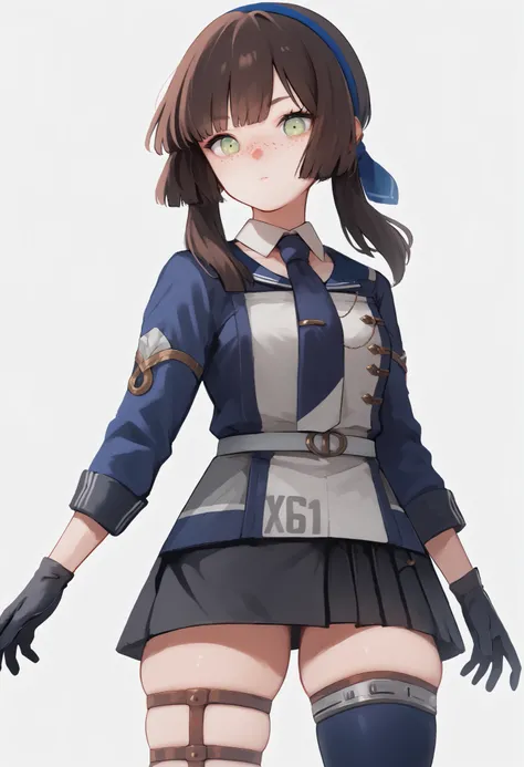 mogadorKC, green eyes,thighhighs, black gloves,long sleeves,pleated skirt, necktie, miniskirt, black skirt, thigh strap, freckles, asymmetrical legwear,blue hairband,white belt,