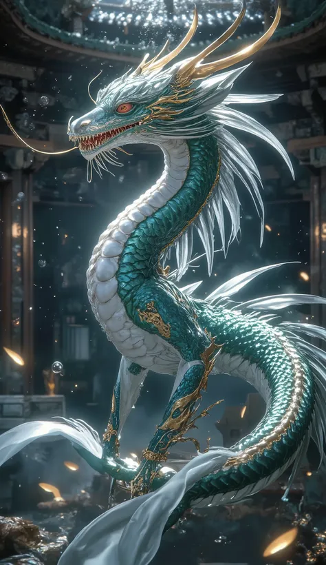A majestic Eastern dragon gliding through an underwater temple, its serpentine body covered in shimmering emerald-blue and pearlescent white scales. The dragon has long flowing whiskers and a mane of silver-blue hair that moves like waves. Its eyes glow wi...