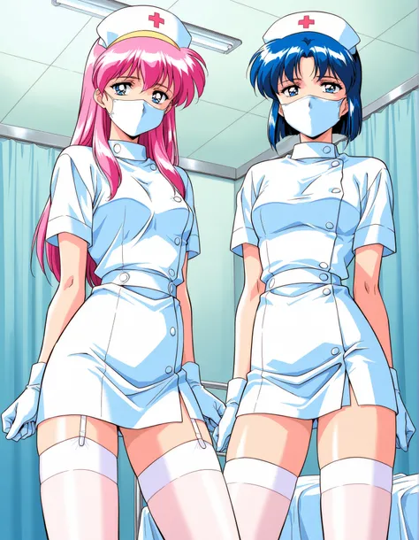 Score_9, score_8_up, score_7_up, source_anime, 2girls, Kitazawa_Rumi, blue hair, breasts, long hair, blue eyes, Kitazawa_Tomoko, pink hair, blue eyes, Yellow hairband, small breasts, short hair, 1990s (style), game cg style, (best quality), (high quality),...