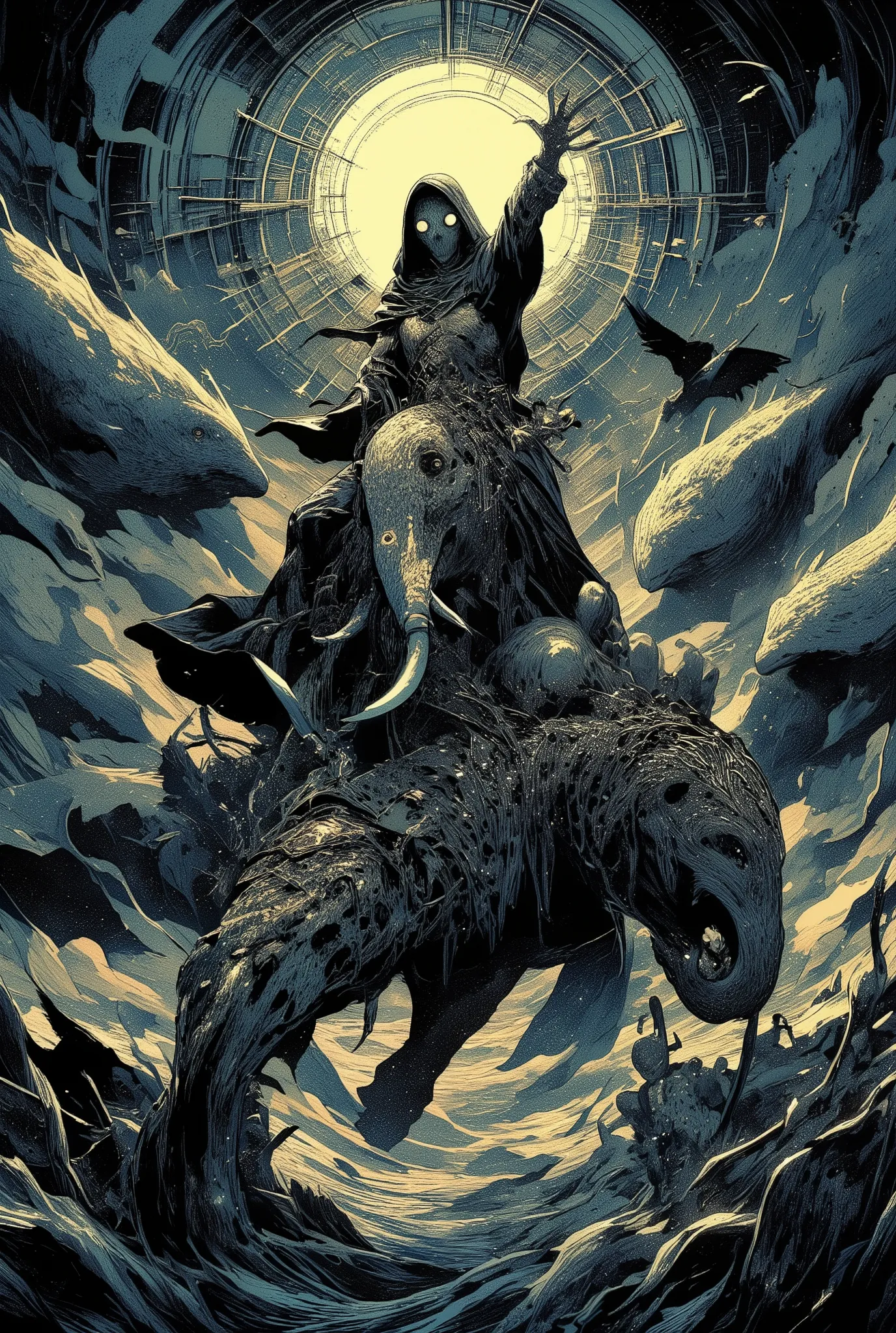Man Wearing Doctor Plague Doctor's Mask Rides an Elephant , whales, 3D Epic Illustration , giant whalesbattling in the sky, Game Key Art , Steampunk Rides an Elephant , Elephant Riding Conceptual Art with Plague Mask , detailed game art illus...