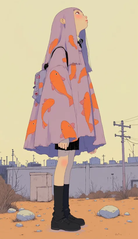 A young student stands alone with a thoughtful expression, Looking up to the sky。A lot of long cloth with colorful oversized koi printed on it floats on her, Alluding to the theme of imagination and exploration. The student is wearing a uniform with a back...