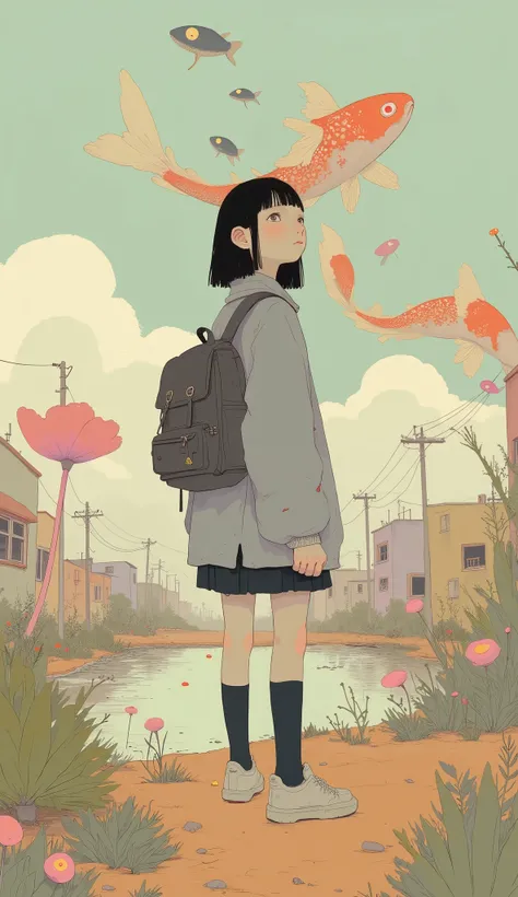 A young student stands alone with a thoughtful expression, Looking up to the sky。A lot of long cloth with colorful oversized koi printed on it floats on her, Alluding to the theme of imagination and exploration. The student is wearing a uniform with a back...