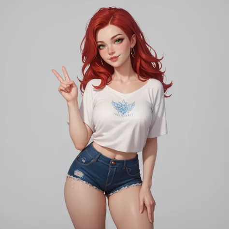 Beautiful young woman with long red hair, with green eyes and freckles all over her body. She is wearing a white short top and denim shorts with well-drawn details. The girl makes a greeting gesture with her hand. high-resolution image, with an emphasis on...