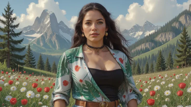 Full body photo, from head to toes, of a gorgeous young woman, muscular and voluptuous. She's posing on a flower field at the Alps. Her very long hair is beautifully styled. She has muscular thick thighs, wide hips, perky fit plump ass, slender waist, high...