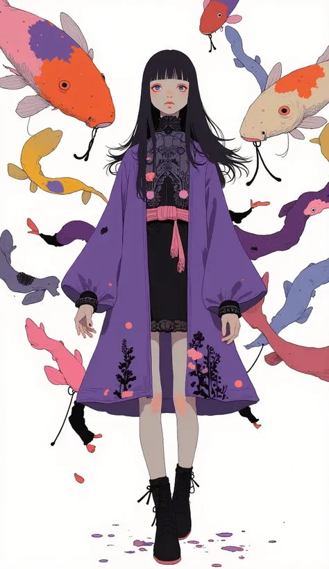 It creates a vibrant and whimsical atmosphere with carp streamers dancing against a white background, A colorful carp streamer enhances the festive atmosphere. She's wearing a layered purple dress with floral patterns and black lace details I will, Stylish...