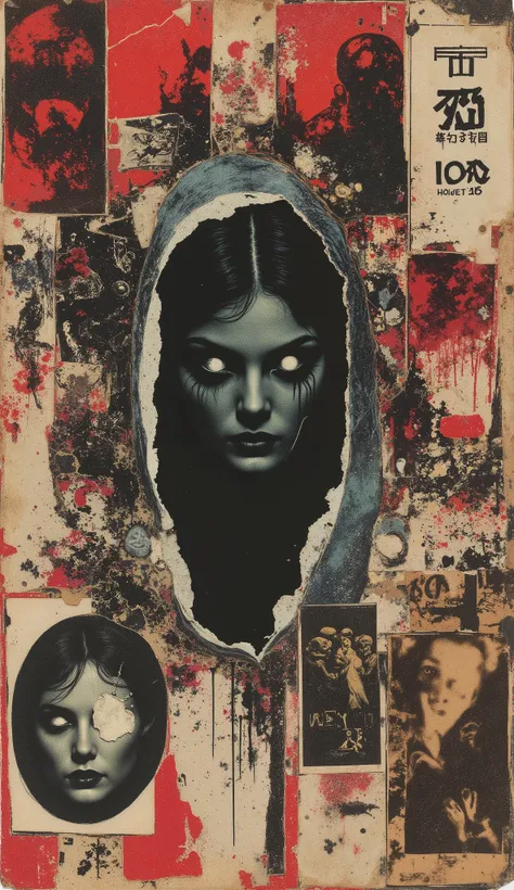 film(1929), directed by Luis Buñuel. Surreal retro collage artwork composed of cutouts from vintage horror magazines, chaotic and rebellious composition, torn paper textures, bold pop colors, absurd juxtapositions, sinister nostalgic aesthetic. Hidden with...