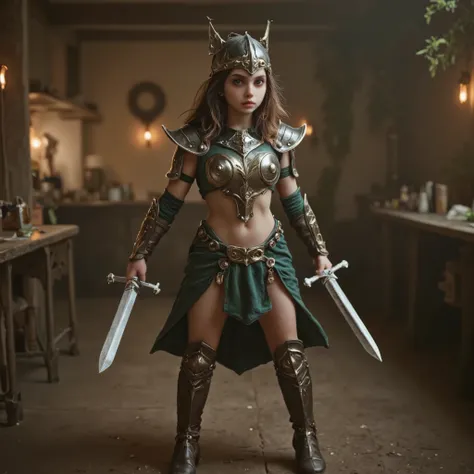 (setting in a fantasy RPG style world in a medieval style fantasy tavern, wide room view, distant shot 1)(In a fantasy world tavern 1)(1 woman solo armor wearing a helmet 1) Break: (complete woman, head to feet, centered side to side as well as up and down...