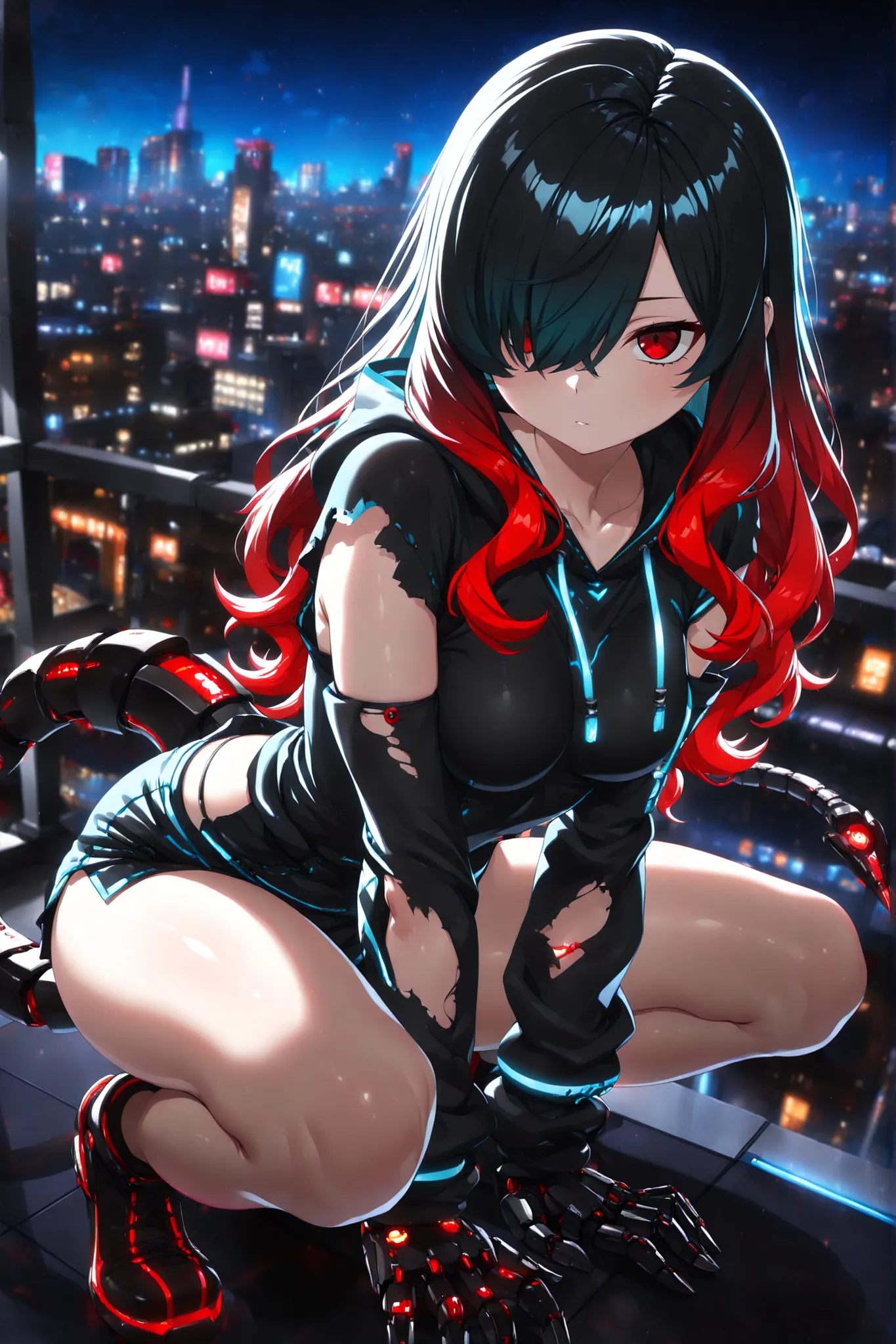 (EyesHD:1.2), masterpiece, 1 girl, Kuroki Monika, red eyes, gradient hair, black hair, red hair, long hair, asymmetrical hairline, hair over right eye, ((medium breasts)), (petite but curvy)),  solo, mechanical tail,  turquoise hair, glowing circuits, sing...