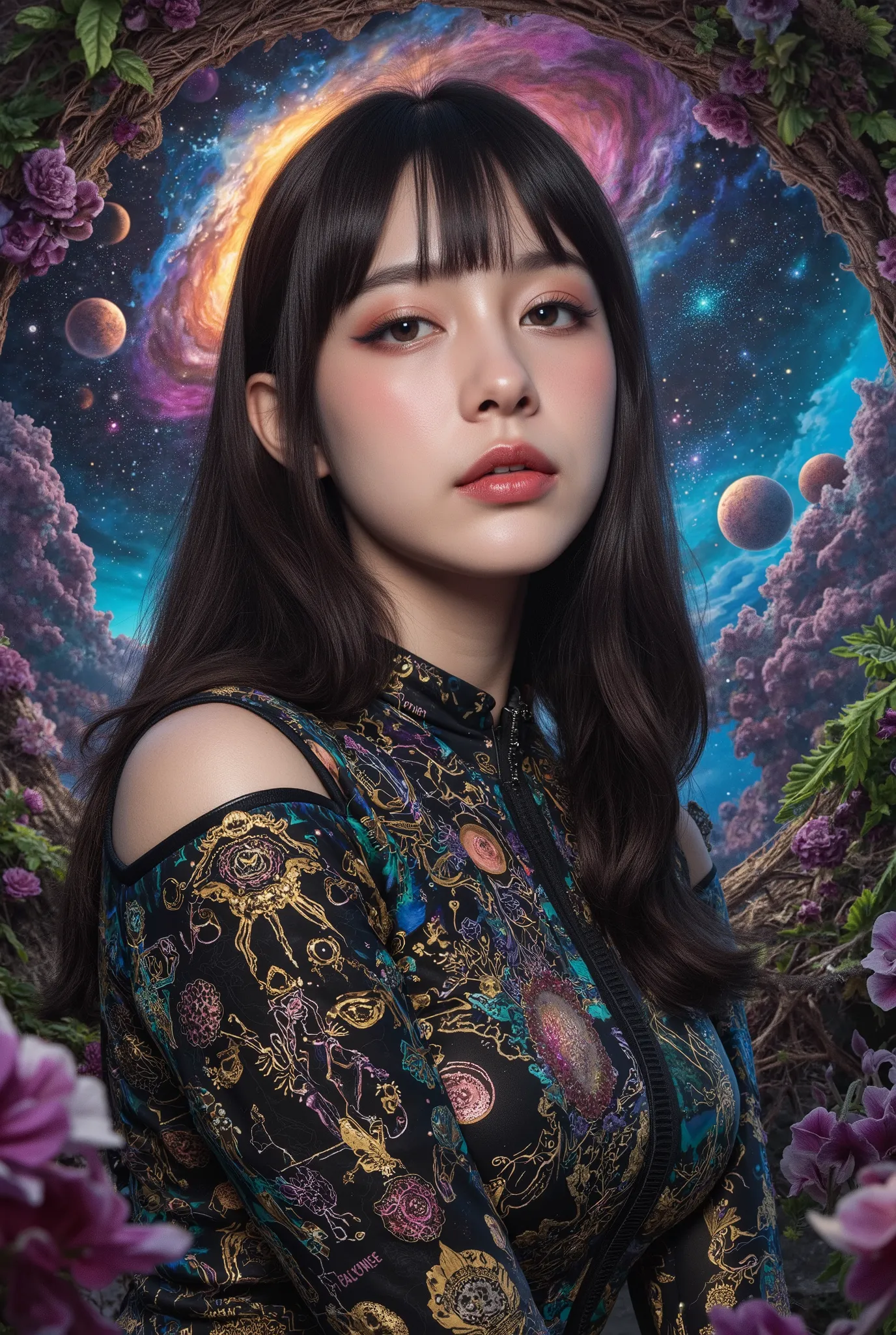 HD detailed, universe服を着た女性のクローズアップ, planets in the background , サイケデリックuniverseホラー, psychedelic illustrations, universe, Plant growth, 精神異常のuniverse, 背景universeグラフィックアート, universeのイラスト, universe, universeLSDポスターアート, After DMT Space , universeシーン, surrea...