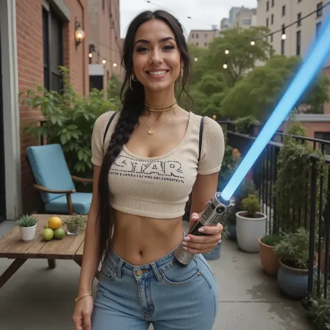A Latina woman with long dark brunette hair styled in loose braided hairstyle is taking a selfie. She’s wearing a Star Wars themed outfit in a casual 90s-chic outfit. Her breasts perky in the shirt, slightly peeking under the crop top. She wears a fitted b...