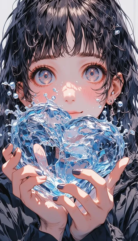 A girl watching the viewer from the other side of the large round mass of water generated from the palm of her hand、The girl's face is vaguely visible due to being blocked by a large block of water、Smile、Skin color、 beautiful hands、 pretty finger、fashionab...