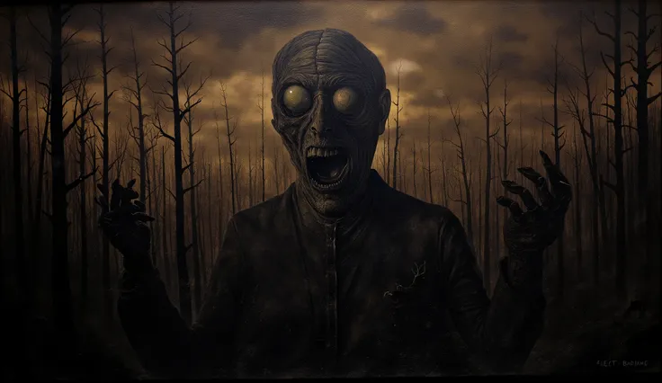 "I speak for the trees, and they hate you!" -- surreal oil on canvas painting, wallpaper format, crisp quality, in the style of Caspar David Friedrich, dramatic forest landscape under a stormy sky, eerie humanoid tree figure emerging with hostile presence,...