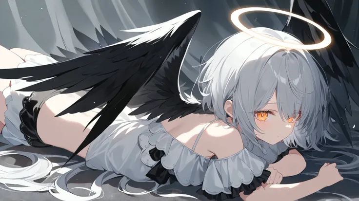 The hell made of dark red and black color. A girl is angel, who fell on the ground and is lying there with hopeless face. She has halo, silver short hair, light orange eyes which are shining brightly, she wears cute black and white angel-like outfit. She h...