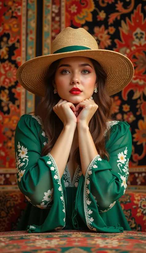 Aside pose The woman's face is positioned in the center.She is wearing a large straw hat, which hides half of her face.The woman is dressed in green with white embroidery on her clothing, slightly fat body .Carpets and wall hangings with intricate patterns...