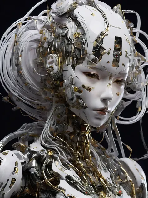 1girl, solo, breasts, White hair, upper body, lips, facial mark, half-closed eyes, robot, black background, science fiction, forehead mark, android, cable, hair pulled back, mechanical parts ,