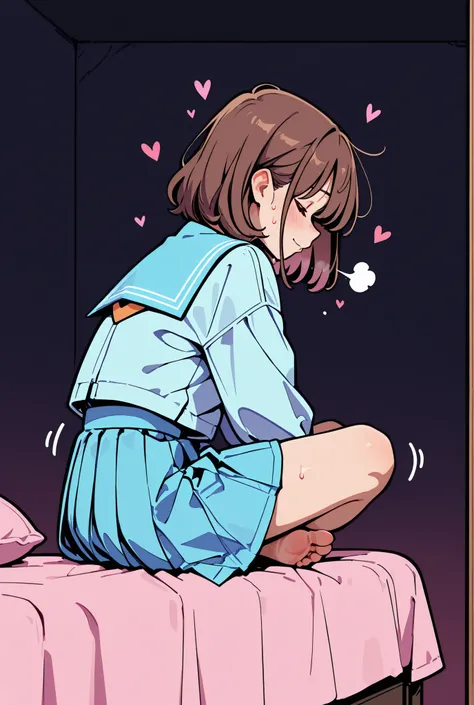 light blue sailor suit Light Blue Pleated Skirt Sitting cross-legged Brown Hair facing backwards skirt to hide your butt on the bed dark room Lots of pink hearts sweat intense breathing bending forward makes me wiggle