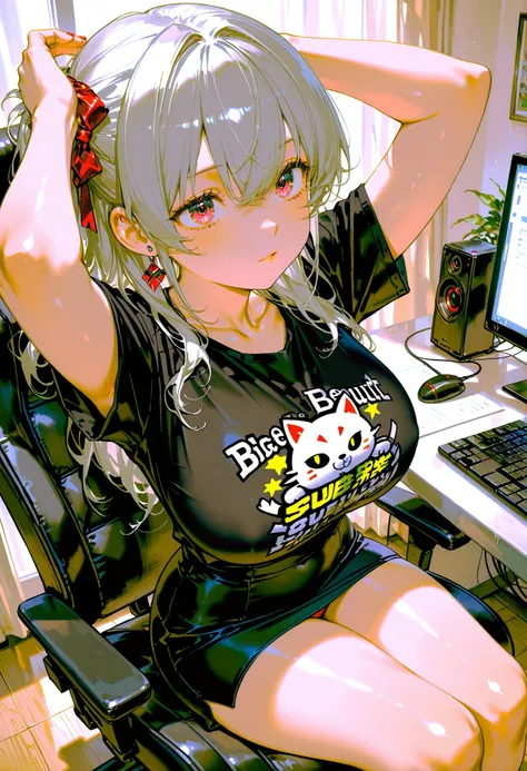 masterpiece, 8k, Highest Quality、masterpiece、Ultra High Definition、one beautiful girl, anime girl, virtual YouTuber, dark eyes, Short T-shirt, black skirt , pose sexy, big breasts, hair between eyes, staring at the audience, Sitting computer, anime girl...