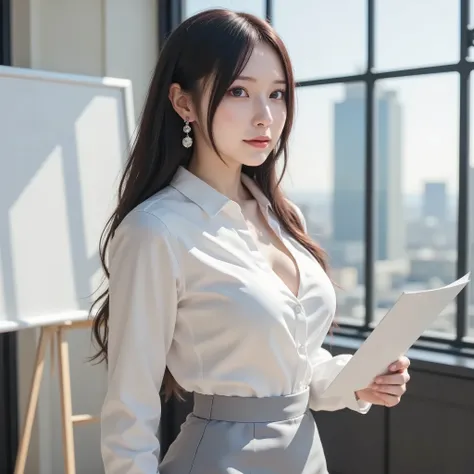 A young and beautiful 25-year-old young woman, she is in a stylish conference room at work where the sun shines in、standing next to a whiteboard with documents in one hand、Ultra Clear Focus、Japanese top idol,she is wearing a light gray tight skirt and、a se...