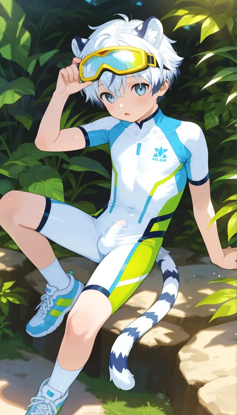 a boy, short hair,cute,一个棕发的穿着白色裤袜的 Shota, wearing goggles on the head, White Tiger Ears , masterpiece, best quality ,male focus, Shota,summer,Short sleeve,cowboy shot,Little Hero,happy,(( white socks)),sneakers,shota wearing a white form-fitting bodysuit ...