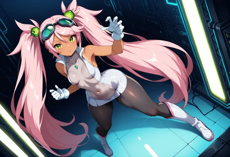 1girl, full body, Lovrina-inspired character, tan skin, vivid pink hair, very long pigtails, extremely long twintails , green eyes, looking at viewer, wearing a futuristic short dress (grey stomach, sleeveless), black pantyhose, grey thigh-high boots, whit...