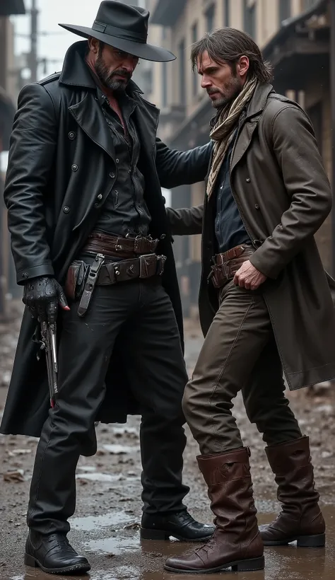 Hyper-realistic cinematic scene of a fierce gunslinger named JKC-RUDE delivering a brutal punch to the face of another cowboy in the middle of a muddy, rain-soaked Western street. JKC-RUDE is a rugged, battle-scarred outlaw in his late 40s, wearing a long,...