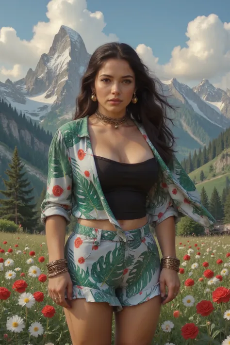 Full body photo, from head to toes, of a gorgeous young woman, muscular and voluptuous. She's posing on a flower field at the Alps. Her very long hair is beautifully styled. She has muscular thick thighs, wide hips, perky fit plump ass, slender waist, high...