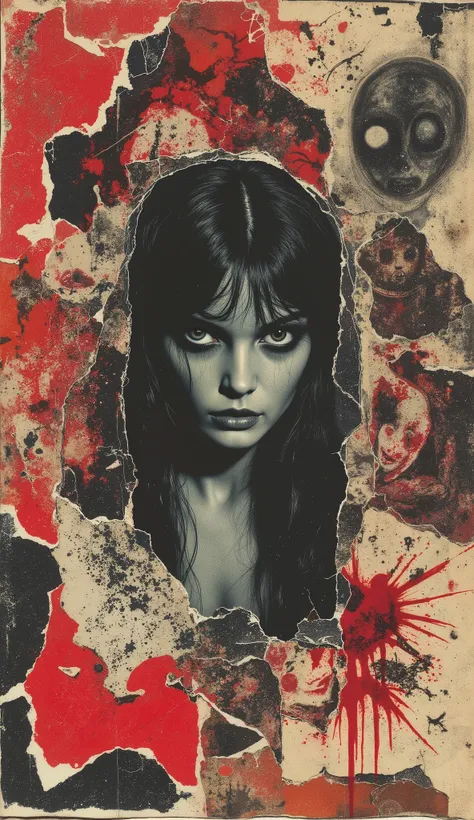film(1929), directed by Luis Buñuel. Surreal retro collage artwork composed of cutouts from vintage horror magazines, chaotic and rebellious composition, torn paper textures, bold pop colors, absurd juxtapositions, sinister nostalgic aesthetic. Hidden with...