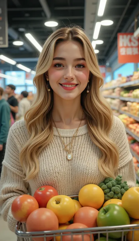 photo of a young blonde girl, early 20s, with long blonde hair, wearing a wool sweater, buying groceries in a crowded supermarket, happy face, necklace, slightly smiling, (masterpiece, best quality, high quality), hyperdetailed, highres, intricate detail, ...