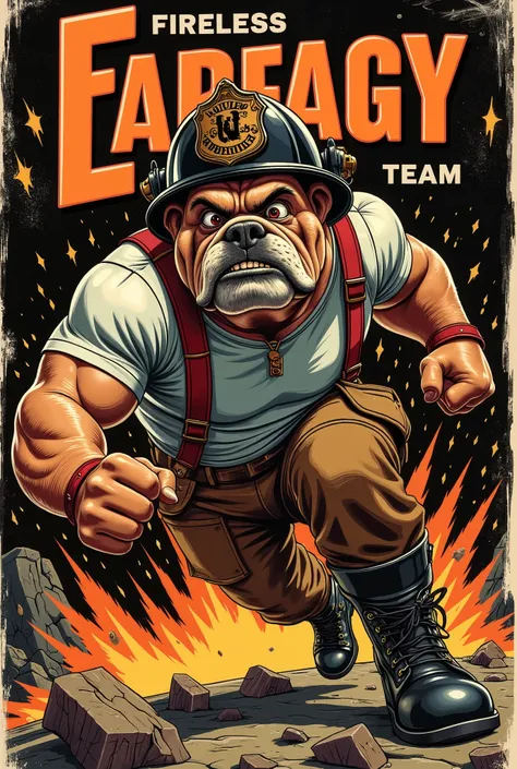 Vintage 70s action comic book cover, Vector Style, lowbrow art, A fierce, untamed muscular anthropomorphic bulldog with wild eyes, and a rugged appearance. The dog looks serious and confident, symbolizing strength, fearlessness . He is wearing a black fir...