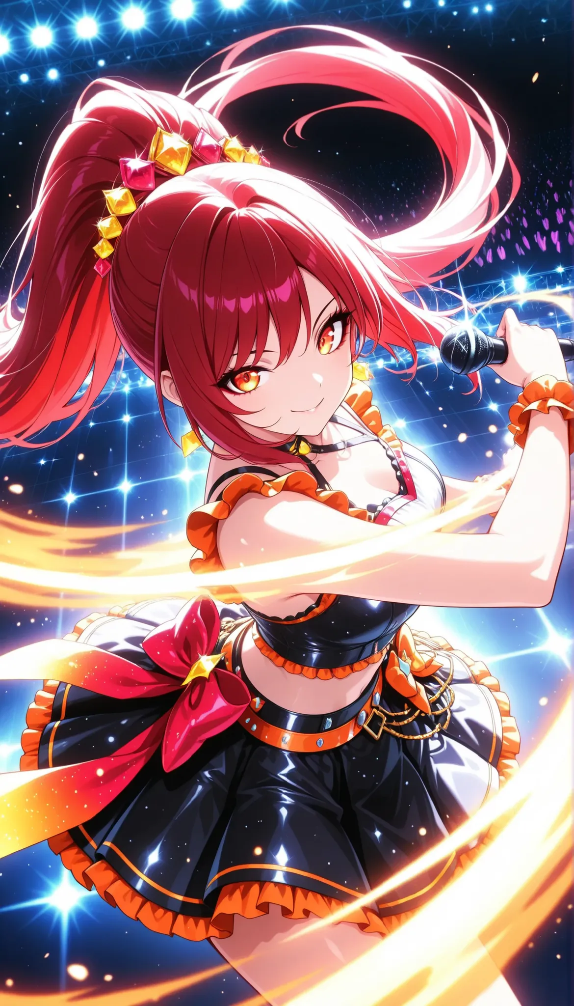 Beauty Idol, Virtual Idol, (colorfulな髪色, high position super long ponytail, red hair accessory, orange eyes), watch viewers, smile, eye trail, Dance Motion, Dynamic, Live Stage, colorful, neonライト, vibrant, dark audience background, Glowing Contours, neo...