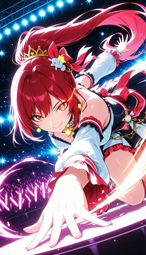 Beauty Idol, Virtual Idol, (colorfulな髪色, high position super long ponytail, red hair accessory, orange eyes), watch viewers, smile, eye trail, Dance Motion, Dynamic, Live Stage, colorful, neonライト, vibrant, dark audience background, Glowing Contours, neo...