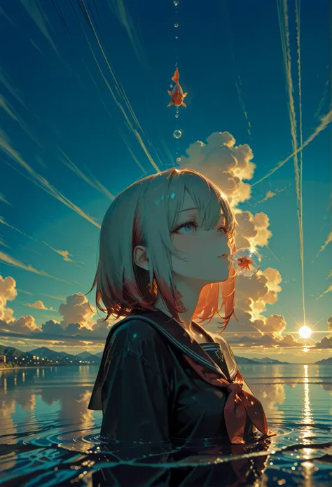  Multicolor Wig \(students from all schools, , ＪＫ, Wallpaper of unusually delicate CG units , Space blue eyes , School black , pale skin, Tired face、No light in eyes\)  look up at the sky and , cute goldfish with shiny red scales are swimming in the air., ...