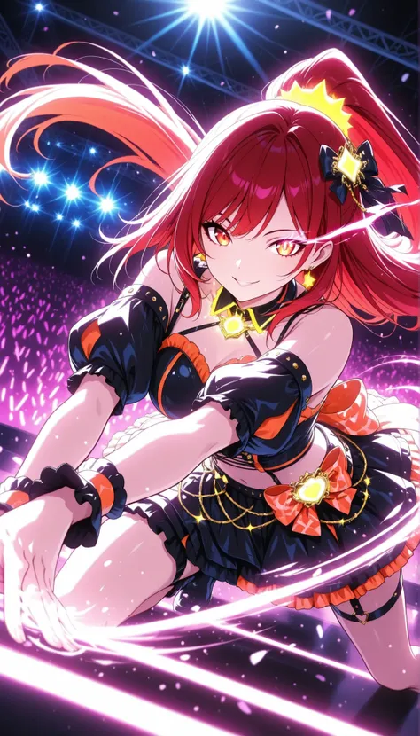 Beauty Idol, Virtual Idol, (colorfulな髪色, high position super long ponytail, red hair accessory, orange eyes), watch viewers, smile, eye trail, Dance Motion, Dynamic, Live Stage, colorful, neonライト, vibrant, dark audience background, Glowing Contours, neo...