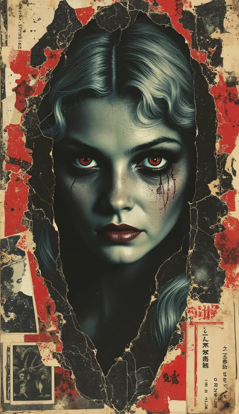 film(1929), directed by Luis Buñuel, Surreal retro collage artwork composed of cutouts from vintage horror magazines, chaotic and rebellious composition, torn paper textures, bold pop colors, absurd juxtapositions, sinister nostalgic aesthetic. Hidden with...
