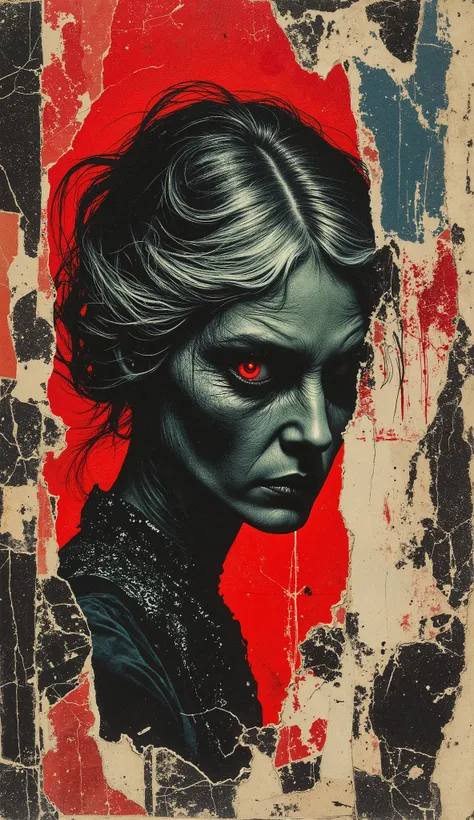 film(1929), directed by Luis Buñuel, Surreal retro collage artwork composed of cutouts from vintage horror magazines, chaotic and rebellious composition, torn paper textures, bold pop colors, absurd juxtapositions, sinister nostalgic aesthetic. Hidden with...
