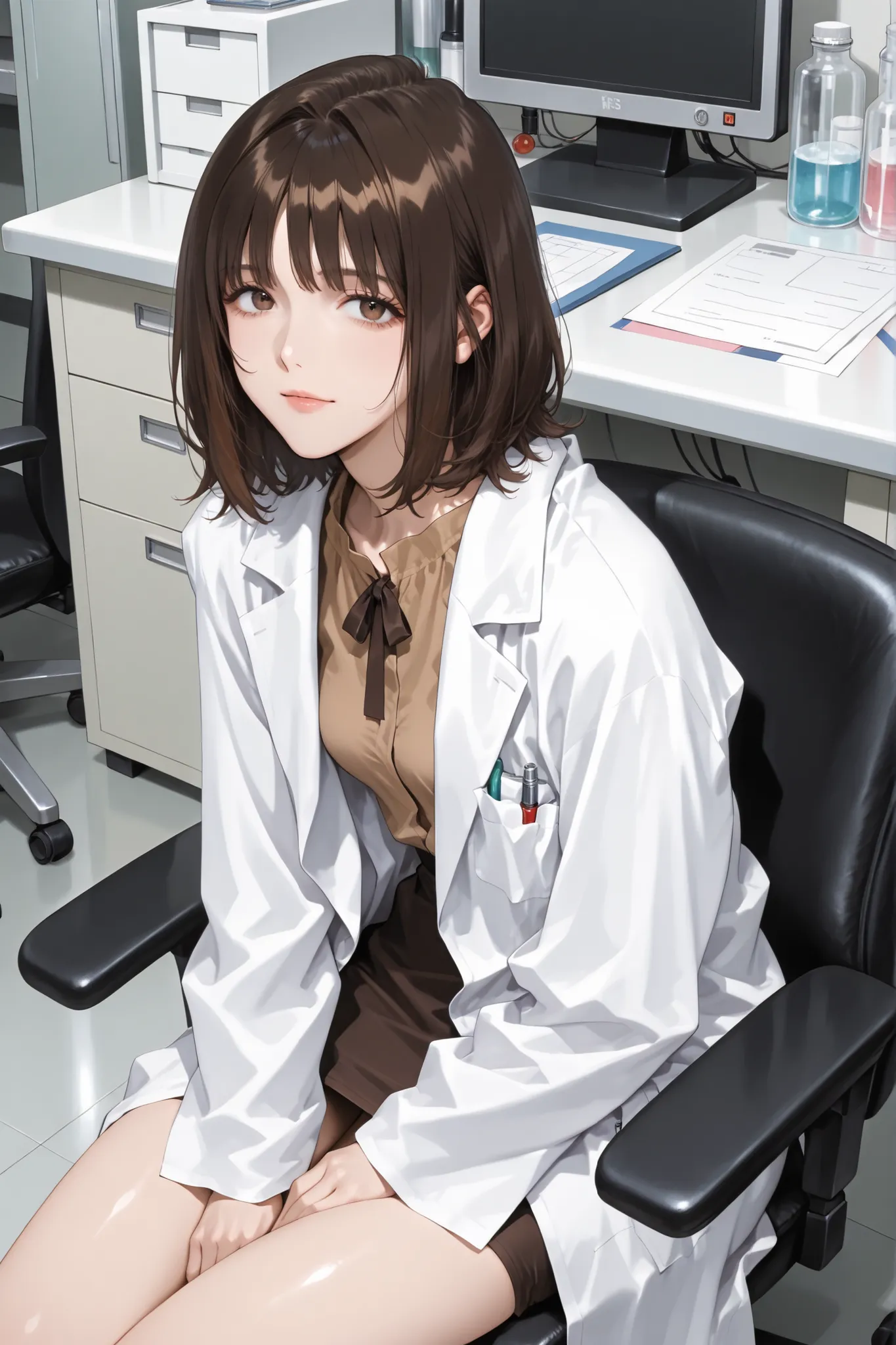 women in their 30s、small breasts、with short wavy dark brown hair parted slightly to the left、lab,lab coat, brown blouse ,office chair,is sitting