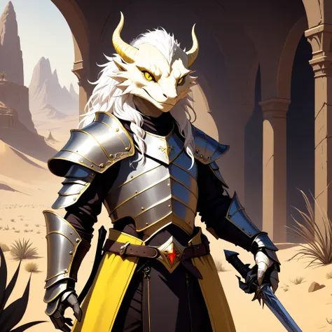 fictional mature young king furry antropomorphic yellow skin very thin demonic lizard with low curly white hair in a gorgeous dark medieval style, using a shining plate armor and holding a demonic greatsword, in a desert biome ambience