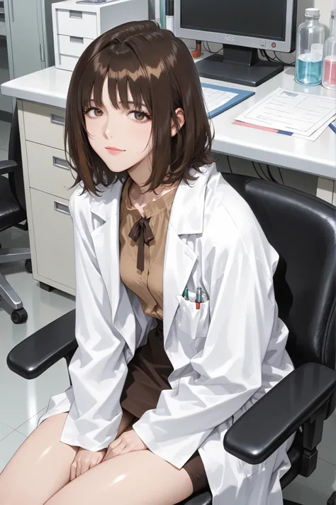 women in their 30s、small breasts、with short wavy dark brown hair parted slightly to the left、lab,lab coat, brown blouse ,office chair,is sitting