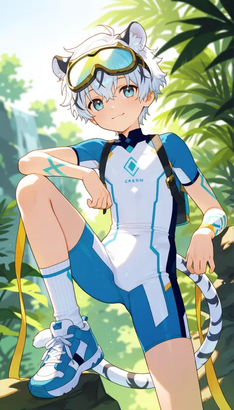 a boy, short hair,cute,一个棕发的穿着白色裤袜的 Shota, wearing goggles on the head, White Tiger Ears , masterpiece, best quality ,male focus, Shota,summer,Short sleeve,cowboy shot,Little Hero,happy,(( white socks)),sneakers,shota wearing a white form-fitting bodysuit ...