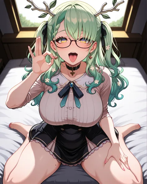 masterpiece,best quality,amazing quality, 
, Detailed hand, Hand, Perfect hand
wariza, on bed, cowboy shot, suggestive, eyelashes, thick eyelashes, blush, open mouth, smile, inviting
big breasts, large breats, covered, big thighs, wide hips, narrow waist, ...