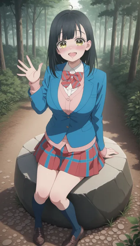  masterpiece, best quality, 1girl, solo, looking at viewer ,black hair, long hair,yellow eyes, long hair, school uniform, white shirt, collared shirt, long sleeves, red bowtie, red skirt, blue skirt  ,pink cardigan,blue jacket, smile face, blushing,striped...