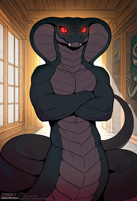 score_9, score_8_up, score_7_up, score_6_up, masterpiece, best quality, amazing quality, very aesthetic, absurdres, newest, room background, solo, snake, demon, red eyes, black scales, arms crossed, tired expression, (by todex:), anthropomorphic_snakes_(na...
