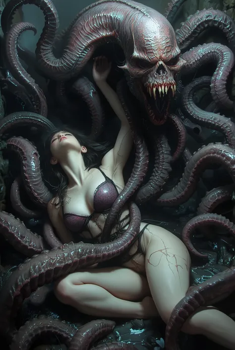 Cthulhu erotic art, a beautiful woman is pierced by tentacles, sexual excitement, happy hell, detailed horror fantasy scene, beautiful woman, tentacled creature, twisted anatomy, ominous atmosphere, dark hellscape, intricate details, grotesque yet sensual,...