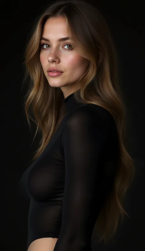 A young adult white Caucasian woman with long, straight brunette hair, no bangs, no tattoos, and no accessories. She is wearing a simple, dark colored, high-necked, long-sleeved, form-fitting top. The background is dark. The lighting is dramatic and high-c...