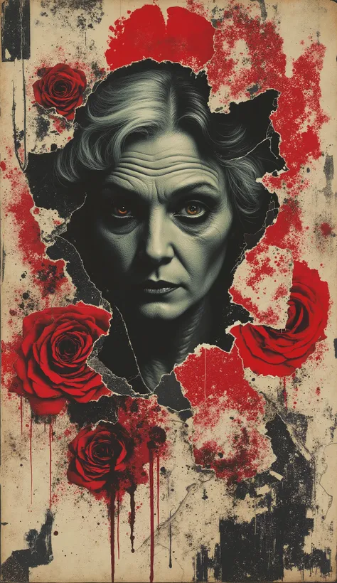 film(1929), directed by Luis Buñuel, Surreal retro collage artwork composed of cutouts from vintage horror magazines, chaotic and rebellious composition, torn paper textures, bold pop colors, absurd juxtapositions, sinister nostalgic aesthetic. Hidden with...
